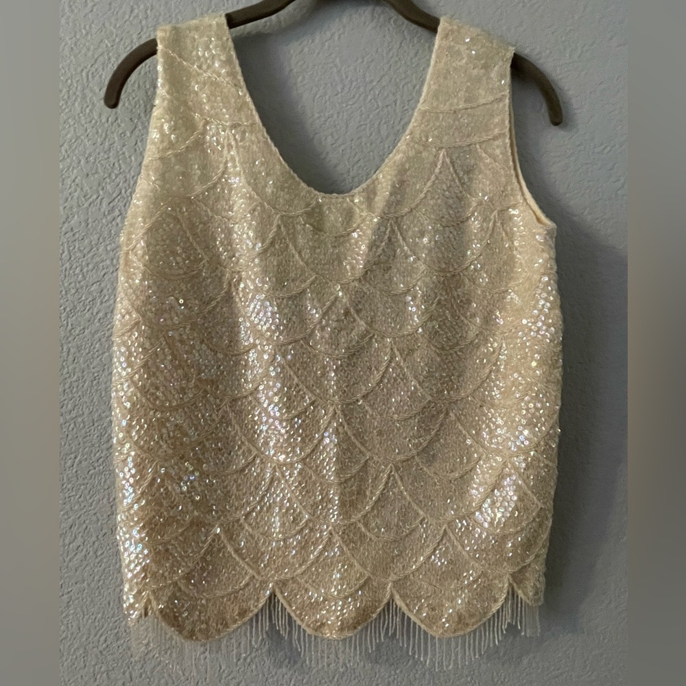 Vintage Sequin Embellished Cream Tank Top